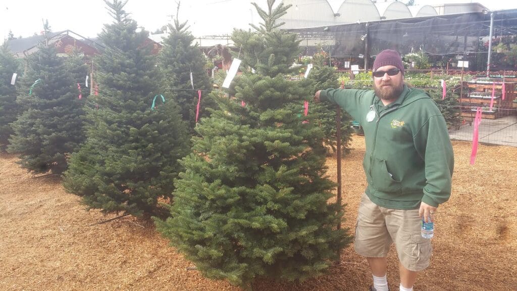 A man standing next to a christmas tree.