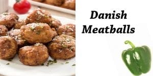 Danish meatballs on a plate with peppers.