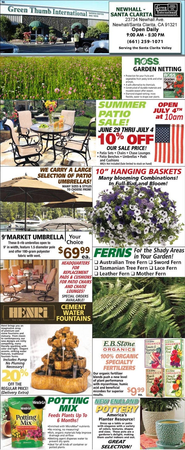A flyer promoting a Southern California plant nursery with a variety of plants and flowers.