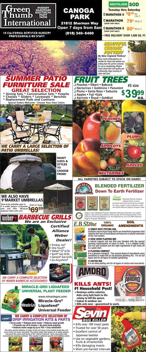 The front page of a Southern California plant nursery's newspaper showcasing a variety of products.