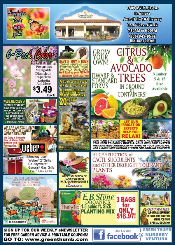 A flyer showcasing a variety of fruit and vegetables available at a Southern California garden center.