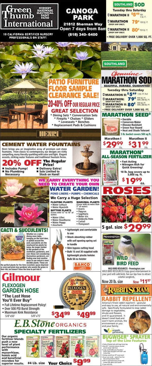 A flyer featuring a diverse selection of flowers and plants at a Southern California plant nursery.