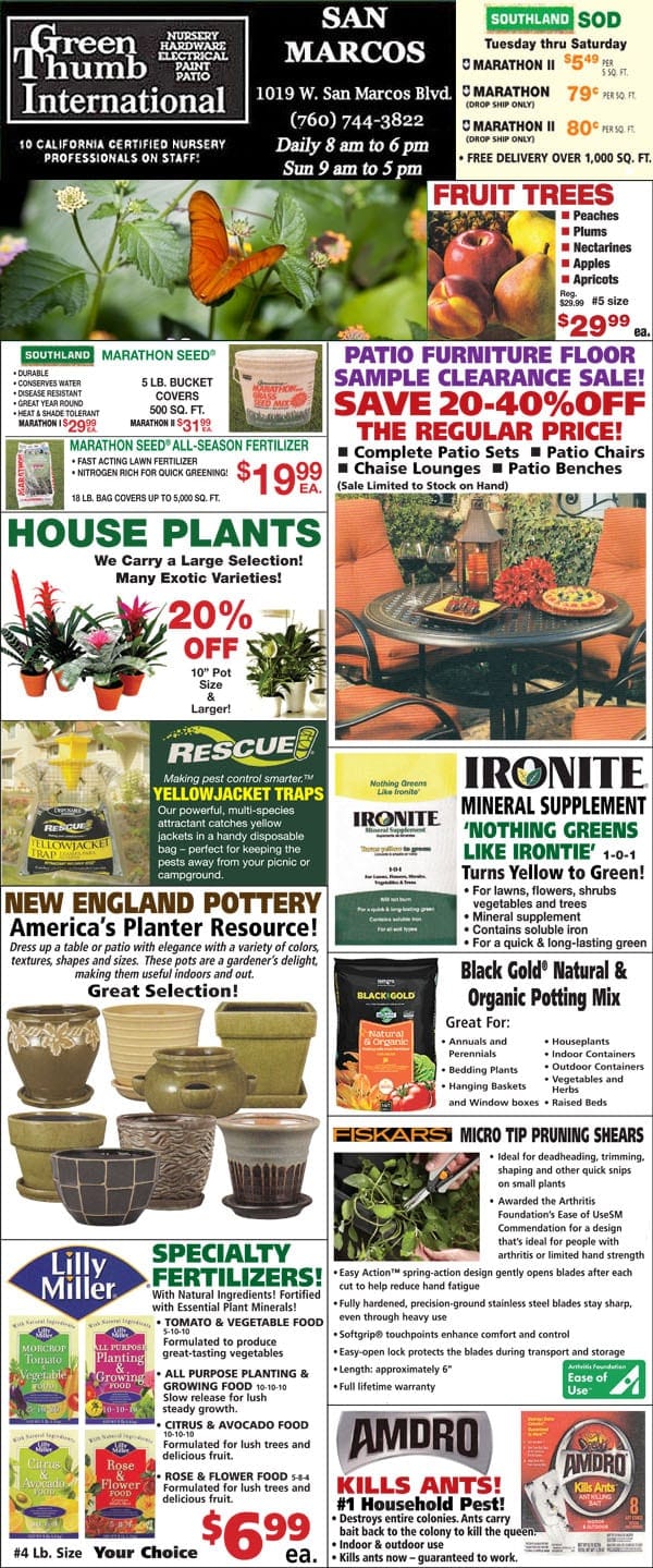 The front page of a Southern California garden center newspaper featuring a variety of plants and flowers.