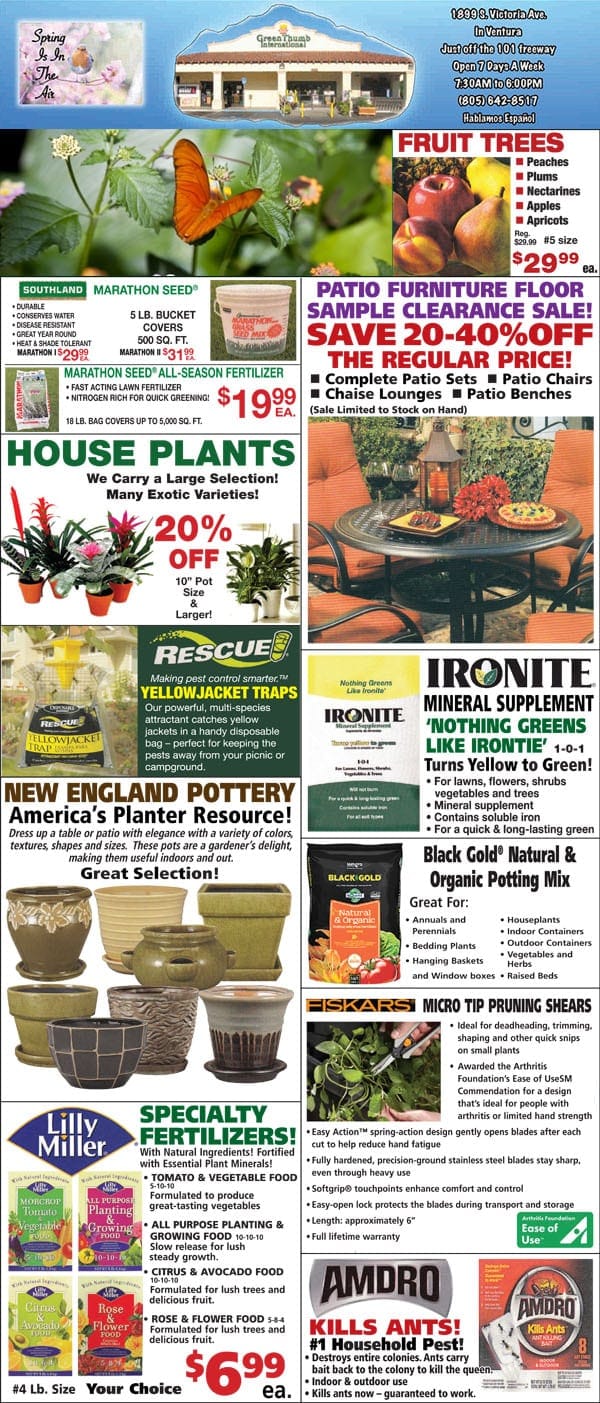 The front page of a newspaper featuring a diverse selection of plants and flowers from a SoCal garden center.