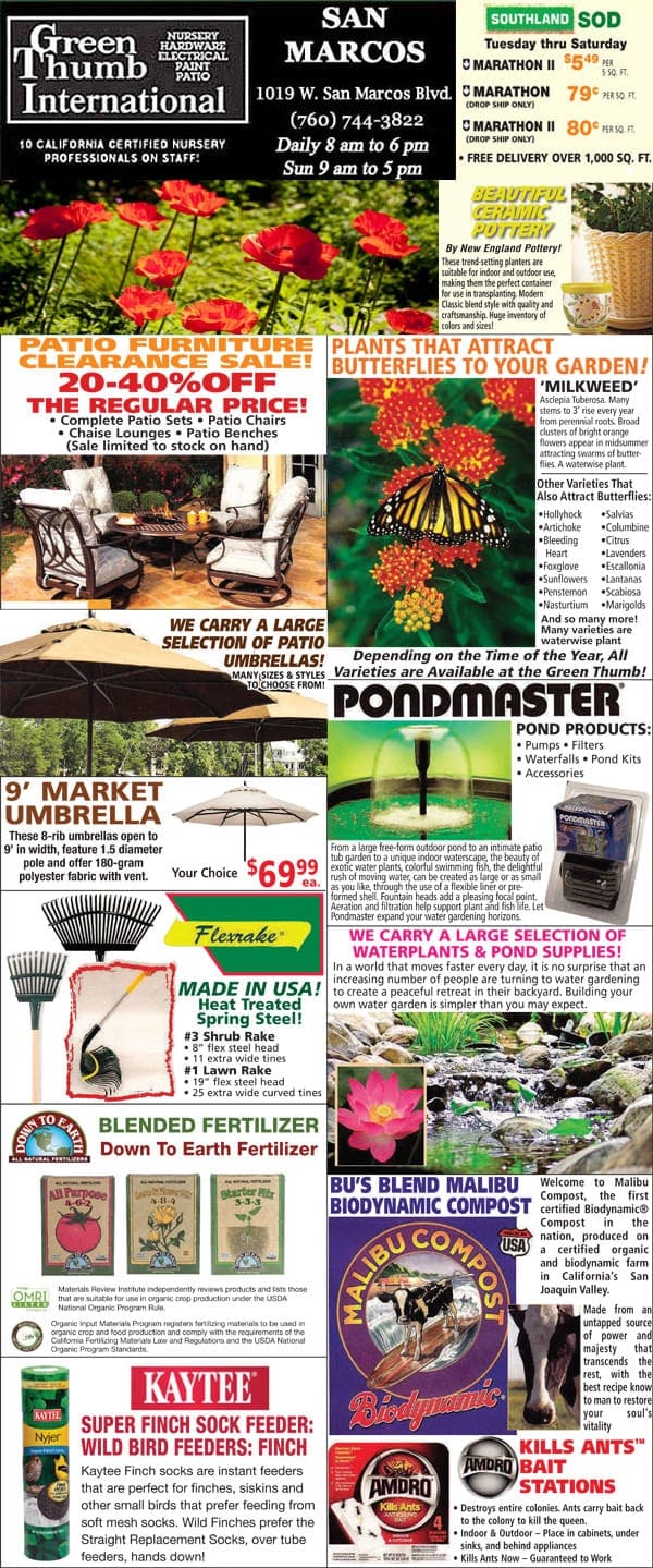 A flyer showcasing a variety of items available at a nearby garden center and nursery in SoCal.
