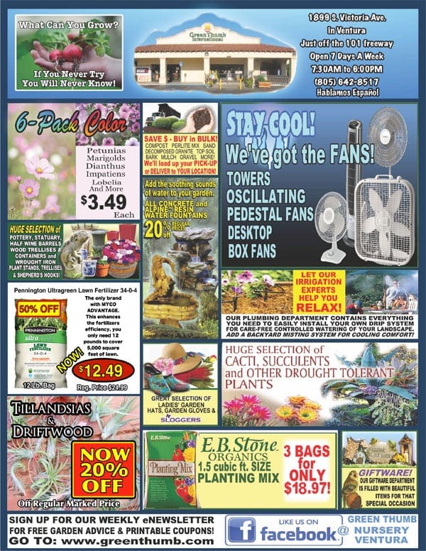 A flyer advertising a plant nursery near me with a variety of items for sale.