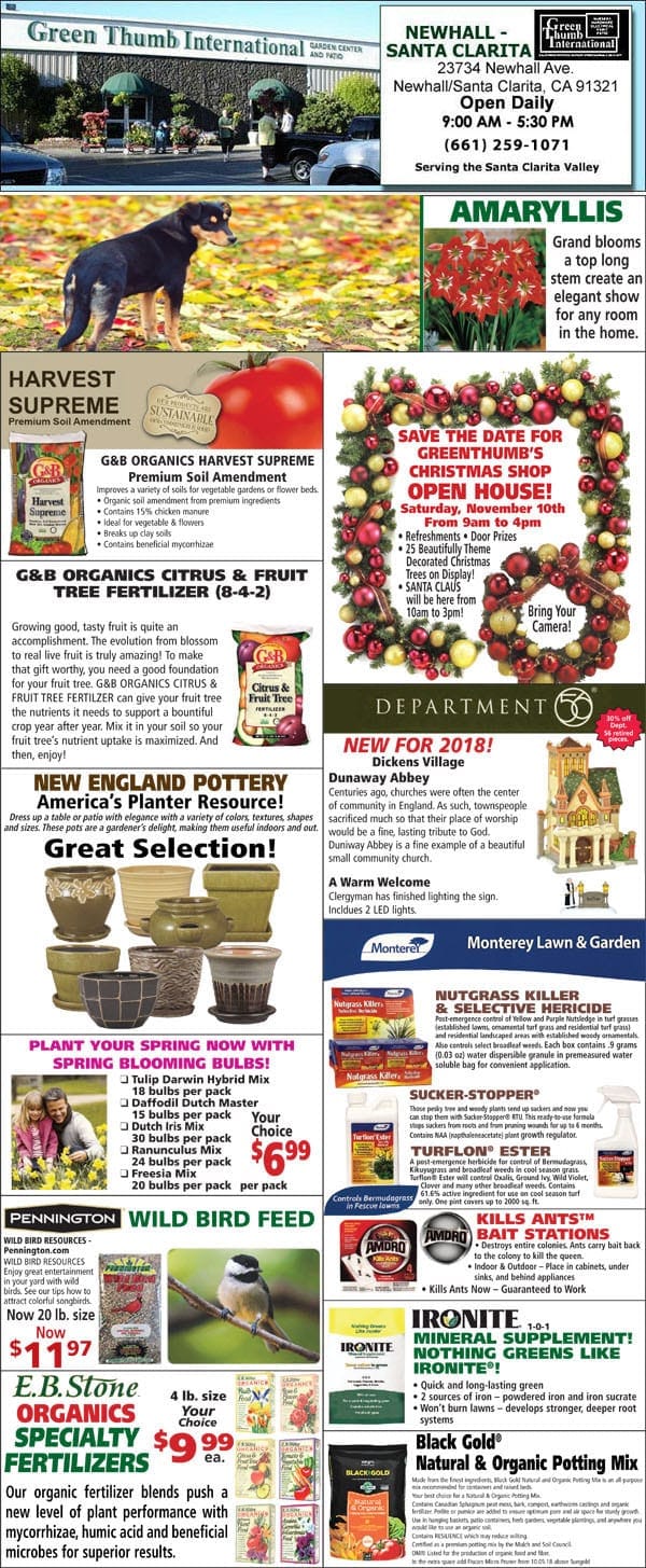 The front page of a newspaper showcasing a Southern California plant nursery with pictures of flowers and plants.