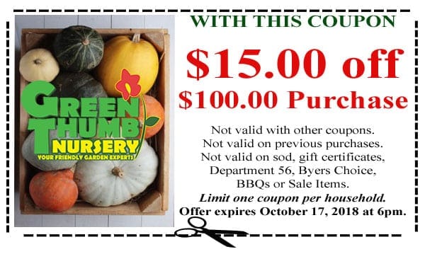 A green nursery coupon featuring pumpkins available at a SoCal garden center.