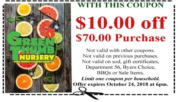 A green mowing coupon available at a SoCal garden center.