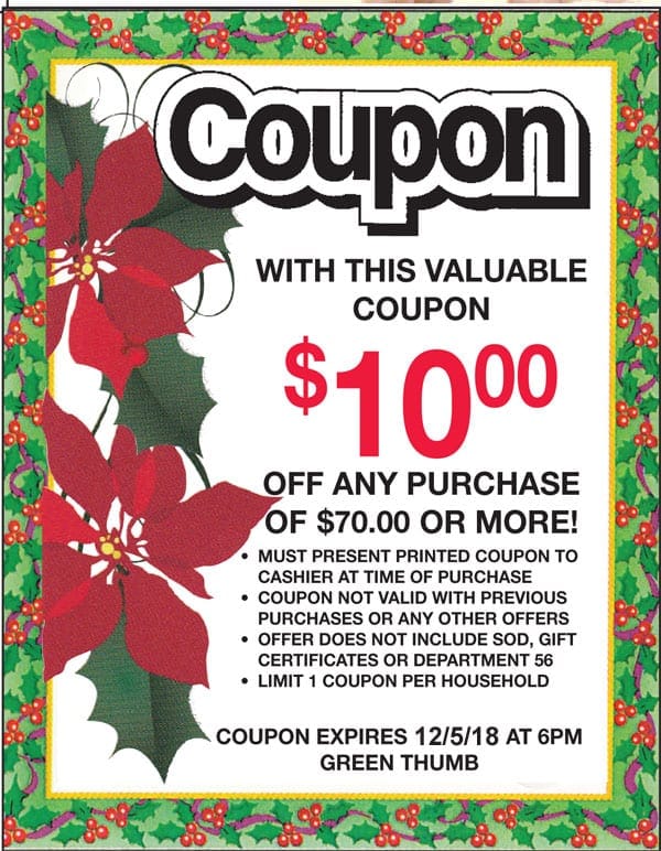 A festive coupon featuring a Christmas tree and poinsettias at a nearby garden center or plant nursery in Southern California.