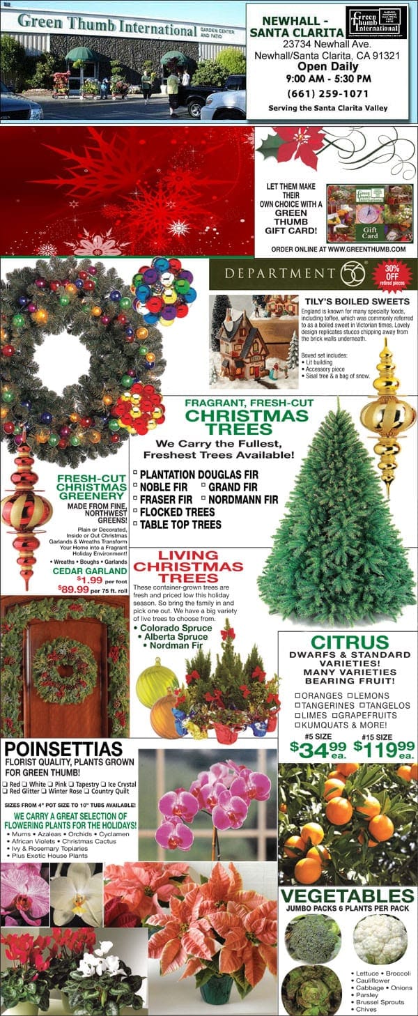 A flyer showcasing an assortment of Christmas decorations from a SoCal garden center.