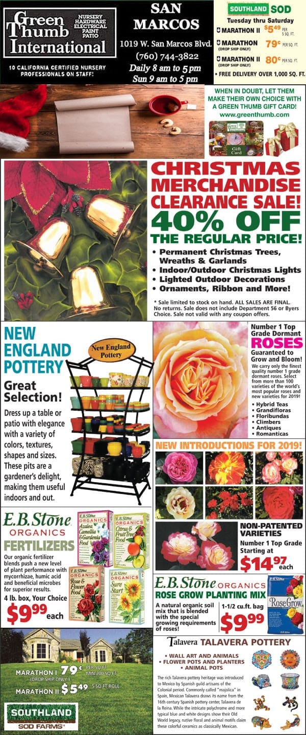 A Southern California garden center invites customers to visit their pottery store through a newspaper advertisement.