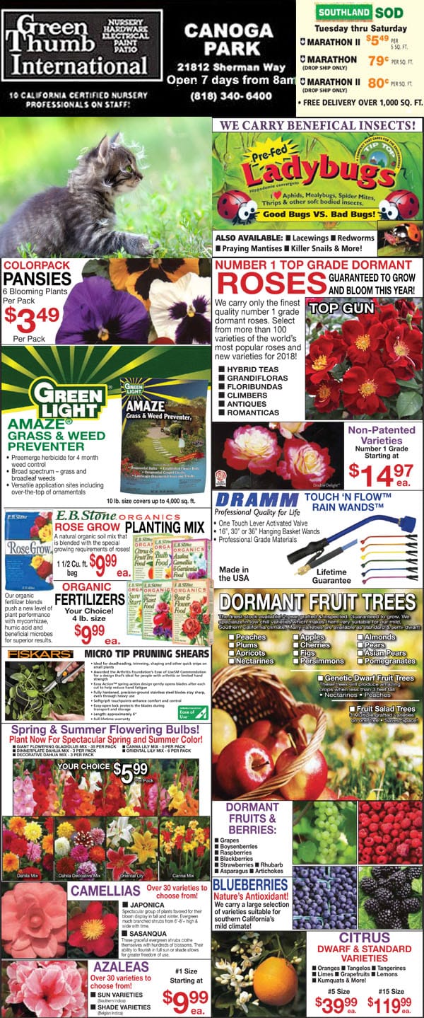 A flyer showcasing a diverse selection of flowers and plants available at a Southern California plant nursery.
