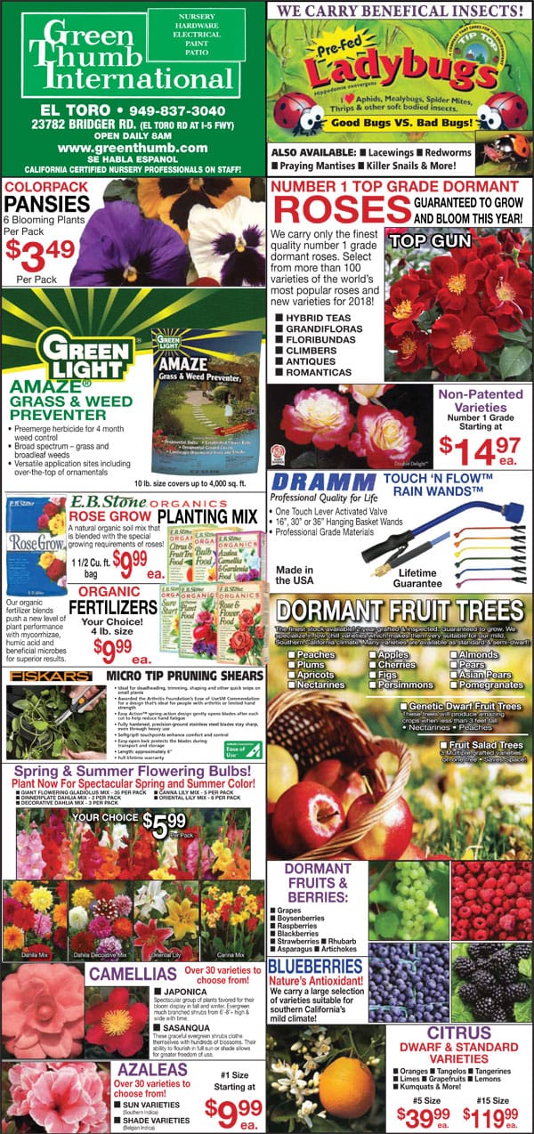 A flyer showcasing a diverse selection of flowers and plants available at a local Southern California garden center.