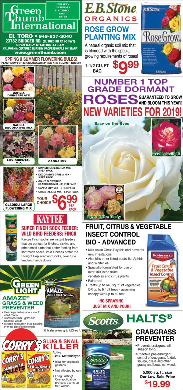 A flyer showcasing an array of flowers and plants available at a SoCal garden center.