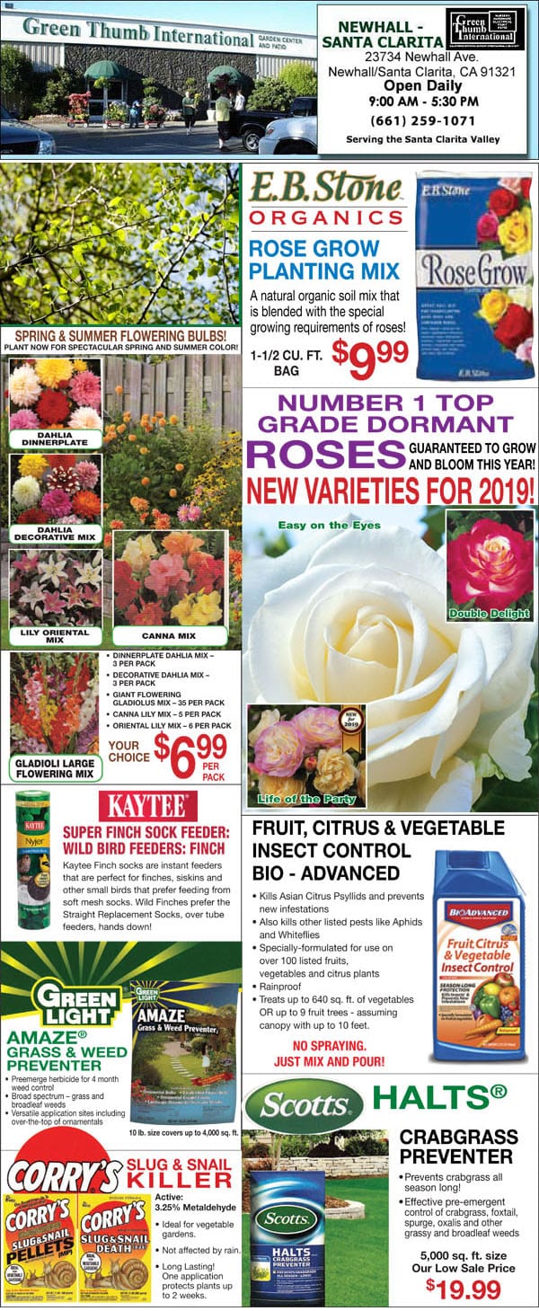 A flyer advertising a SoCal garden center with a picture of flowers and plants.