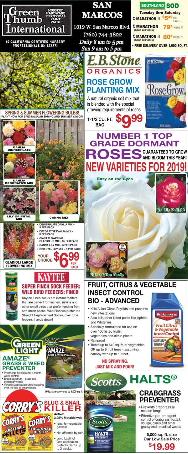 A flyer featuring a diverse range of plants and flowers at a Southern California plant nursery.