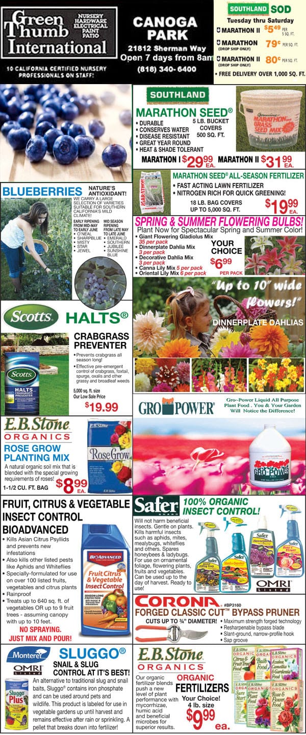 A flyer promoting a SoCal garden center with a variety of plants and flowers nearby.