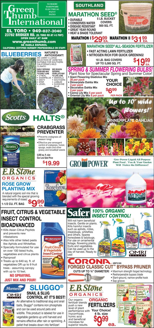 The front page of a newspaper featuring plants and flowers, including a Southern California garden center.