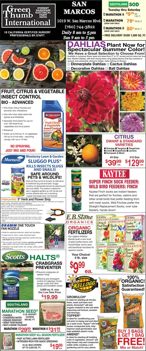 A flyer for a Southern California garden center offering a variety of fruits and vegetables.
