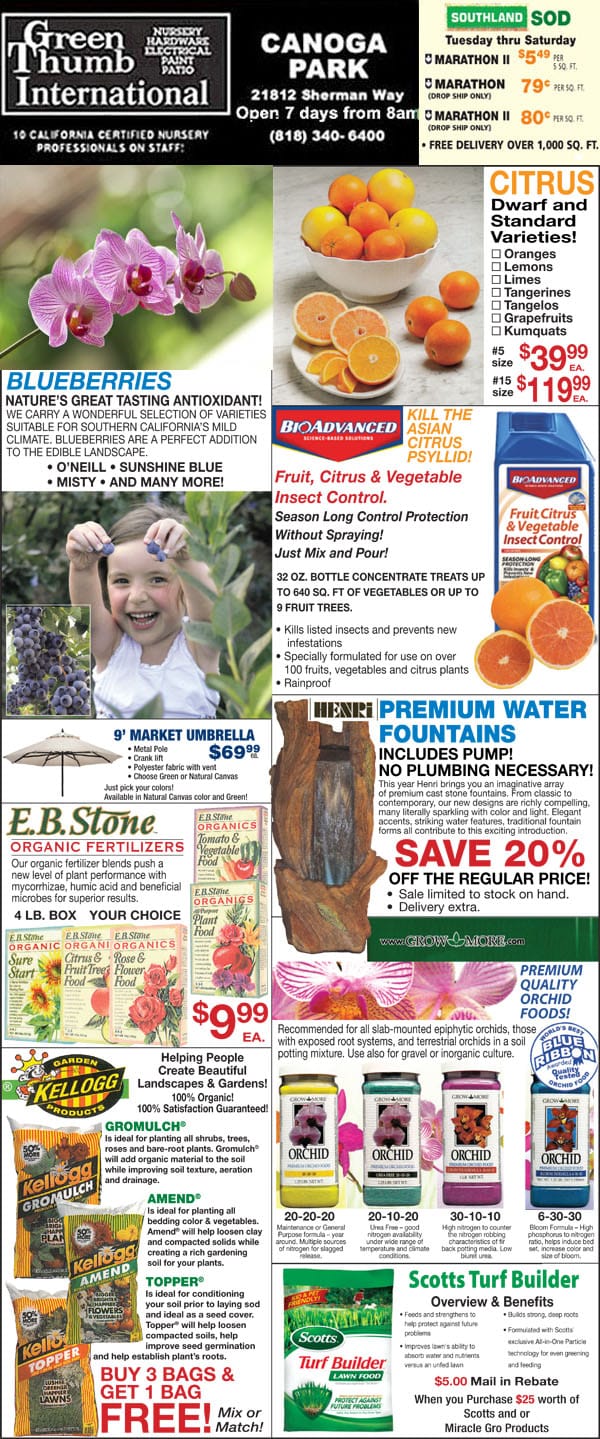 A flyer showcasing a variety of fruits and vegetables available at a Southern California garden center.
