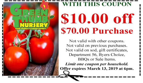A green thumb coupon with a tomato on it for a Southern California garden center.