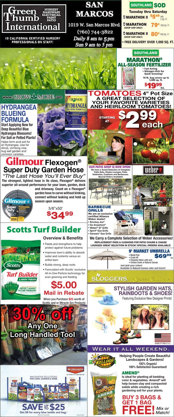 The front page of a newspaper featuring a Southern California garden center and plant nursery.