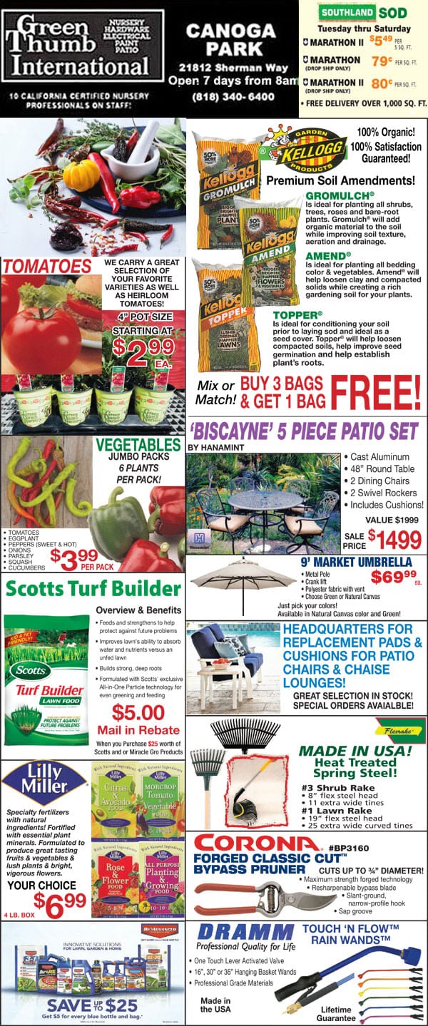 A flyer advertising a variety of items for sale at a Southern California plant nursery.