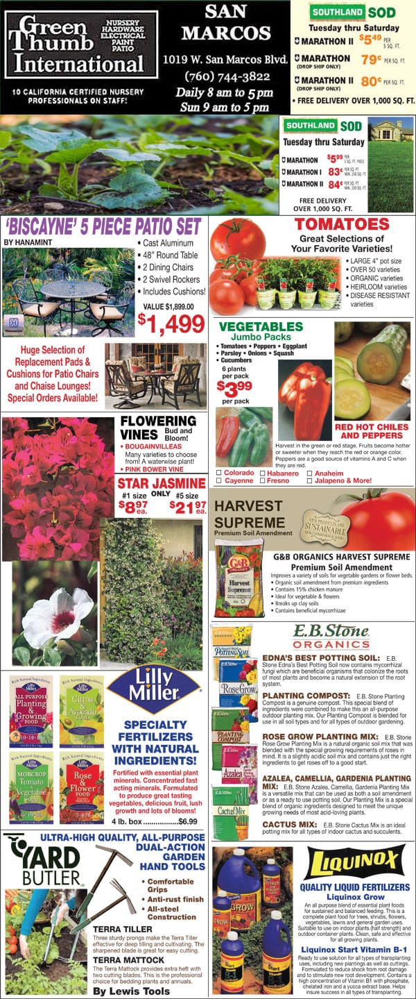 Front page of Southern California gardening magazine featuring a local garden center and plant nursery.