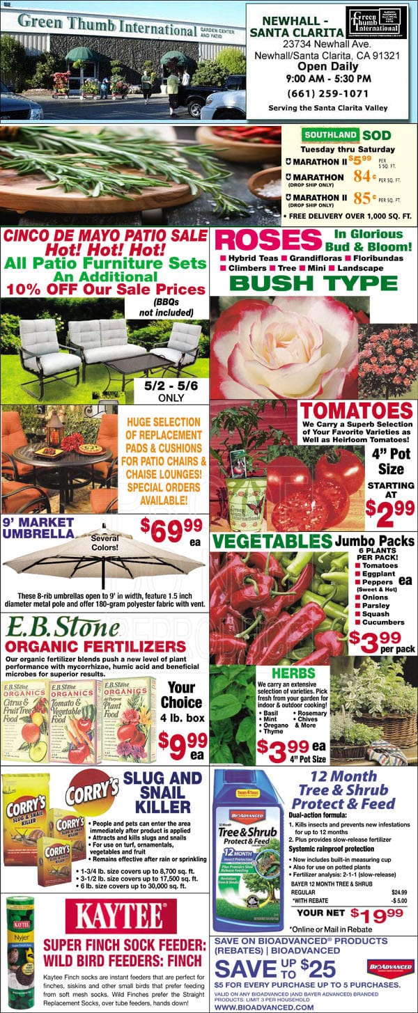 A flyer promoting a Southern California garden center with a variety of vegetables and flowers.