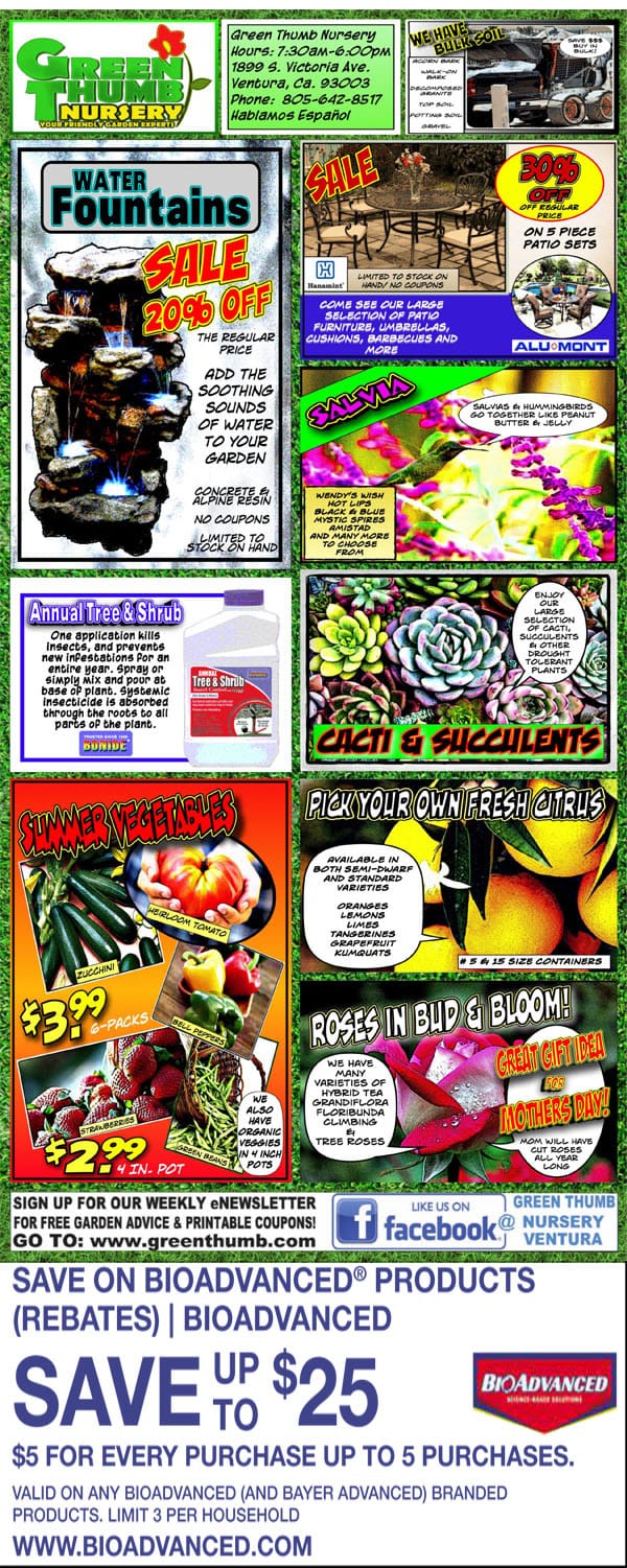A flyer showcasing a selection of products from a Southern California garden center and plant nursery near me.