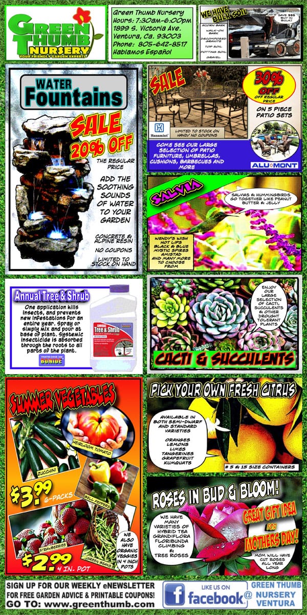 A flyer featuring a diverse range of products available at a Southern California garden center near me.