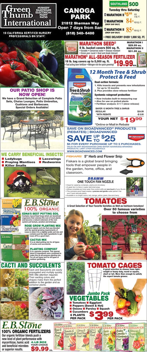 A flyer featuring a wide range of garden products from a Southern California plant nursery.
