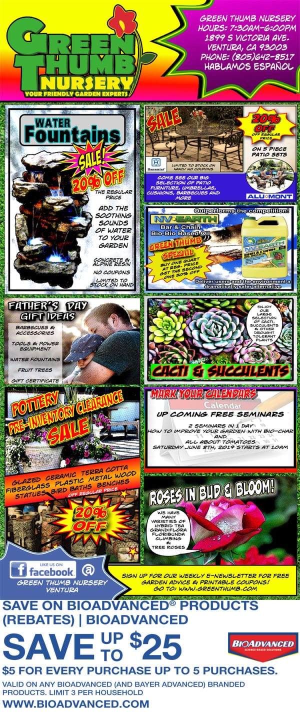 A flyer featuring a diverse array of items from a Southern California garden center.