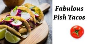 Fabulous fish tacos served on a wooden cutting board at a SoCal garden center.