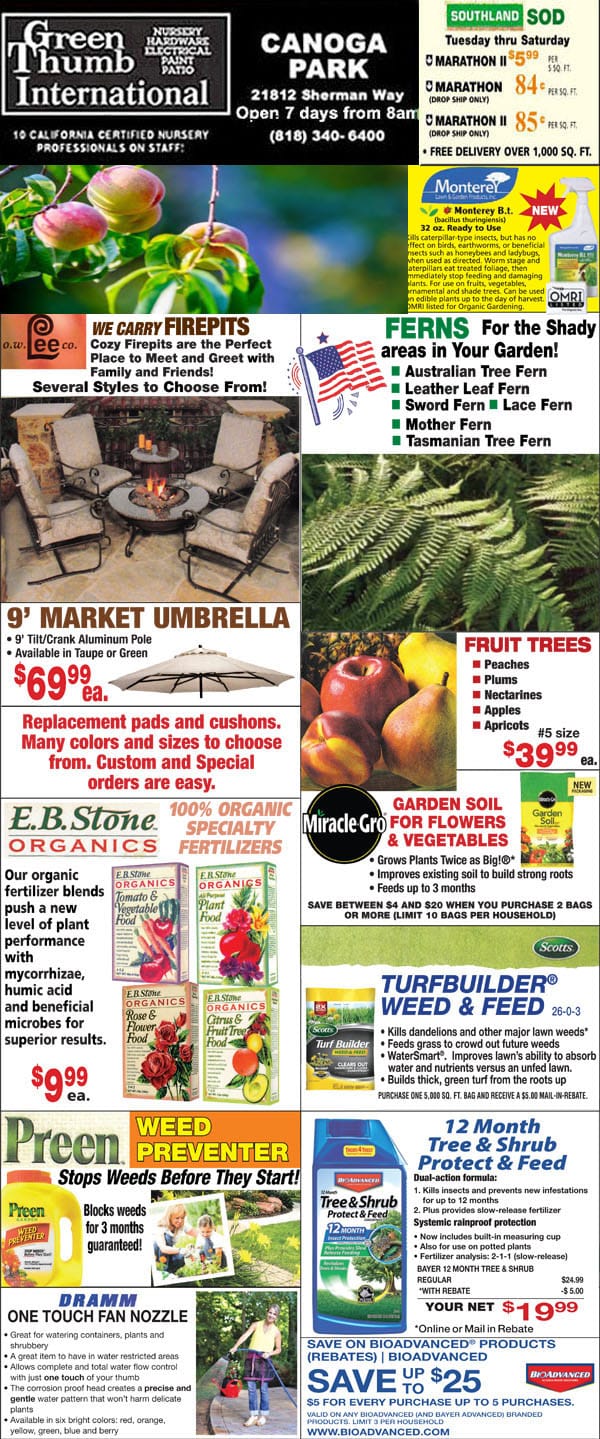 A flyer featuring a variety of products from a Southern California garden center.