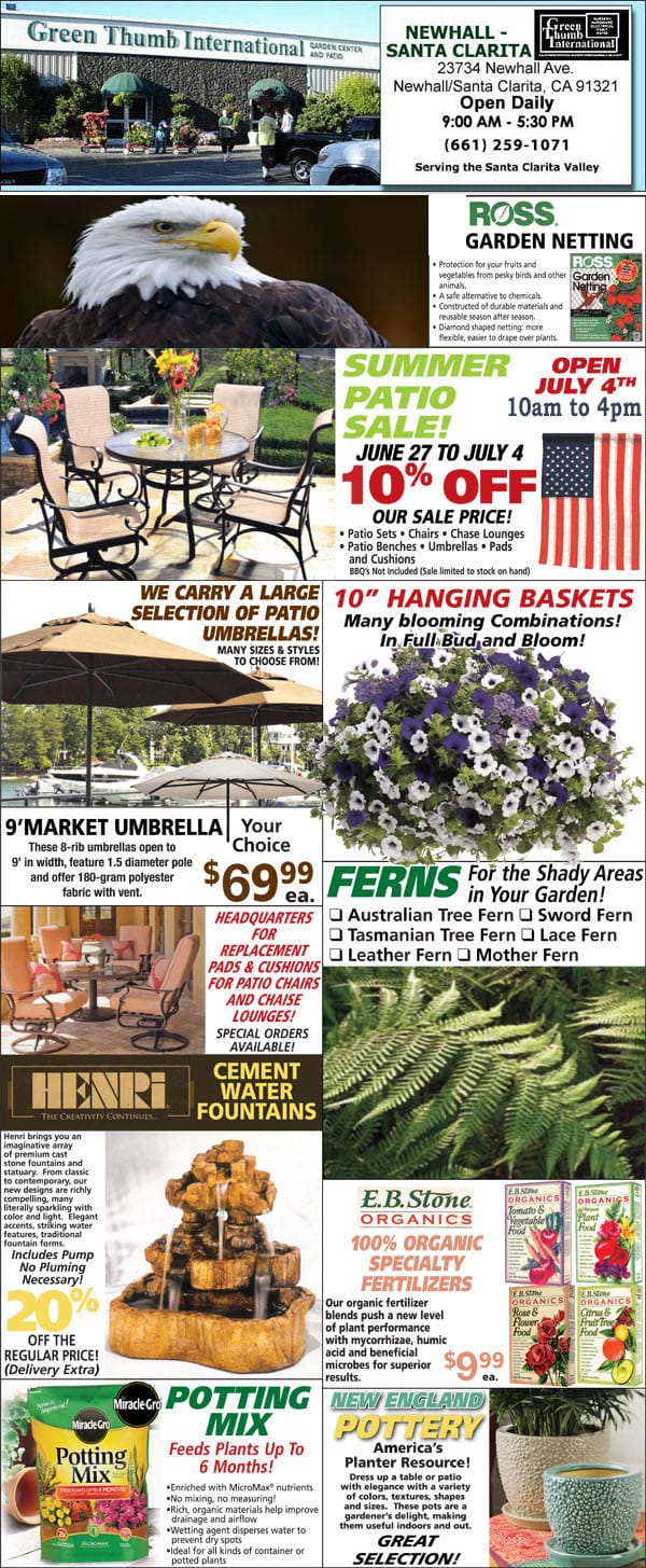 A flyer showcasing a variety of items for sale at a Southern California garden center.