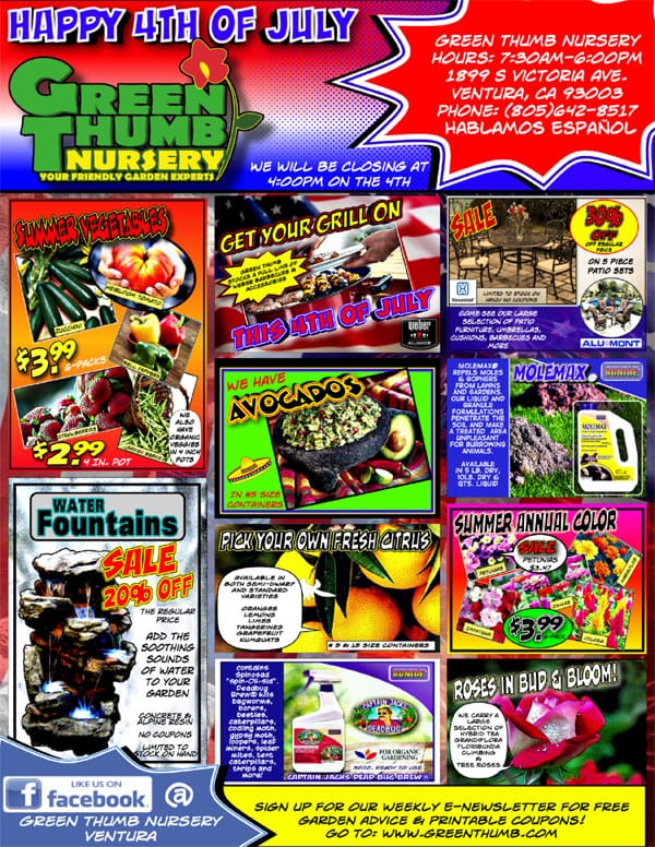 A flyer promoting a 4th of July event at a Southern California plant nursery.