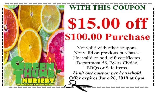 A green nursery coupon for a Southern California garden center with oranges and lemons.