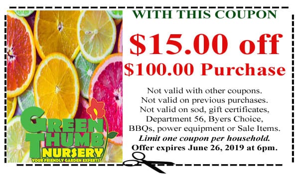 A coupon for a green nursery near me in Southern California, offering discounts on oranges and lemons.