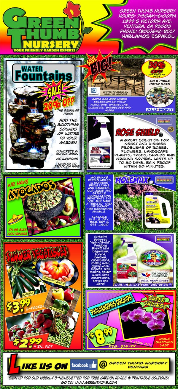 A magazine showcasing a diverse array of products available at a Southern California plant nursery.