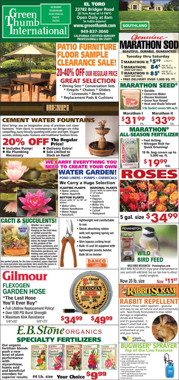 A flyer for a Southern California plant nursery featuring the green international flower and garden show.