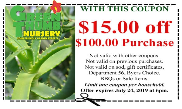 A coupon for a Southern California garden center with an aloe vera plant.
