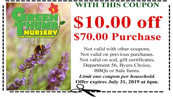 A green thumb coupon featuring a green thumb logo at a Southern California garden center.