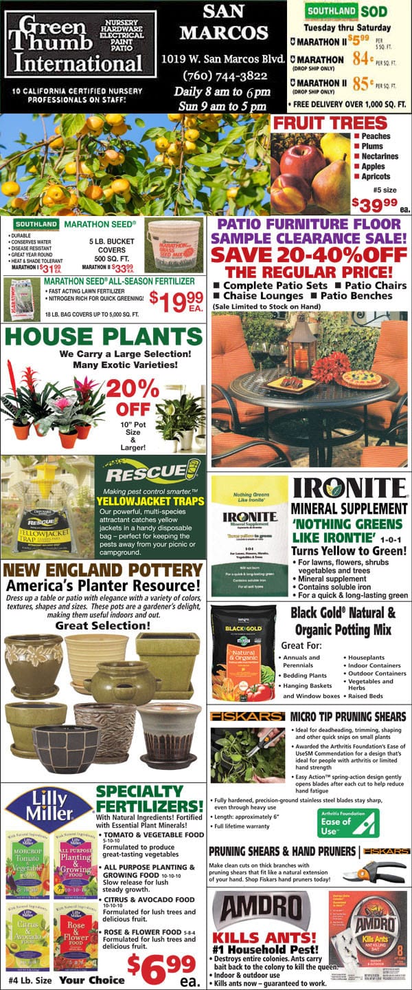 A flyer showcasing Southern California plant nursery's variety of plants and flowers.