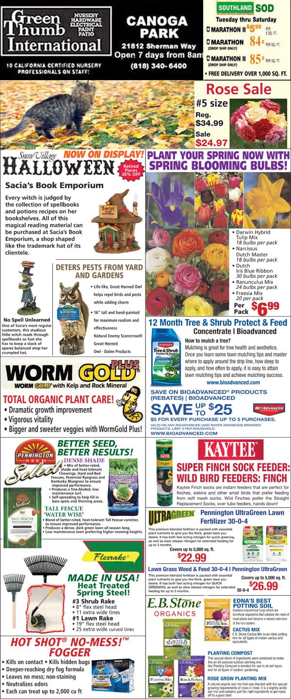 The front page of a newspaper featuring a Southern California plant nursery and garden center.