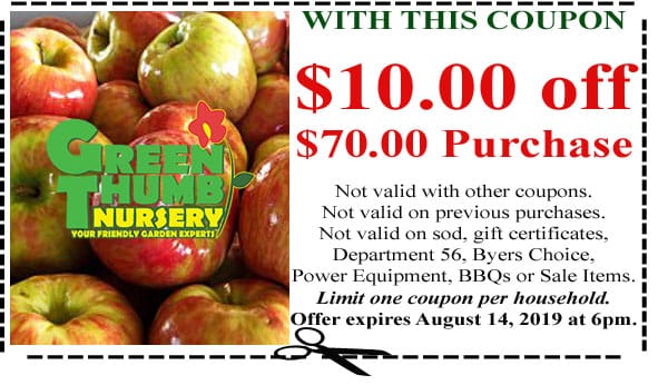 A 10% off coupon for apples at this Southern California garden center.