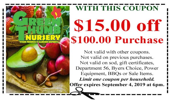 A Southern California plant nursery coupon featuring fruits and vegetables.