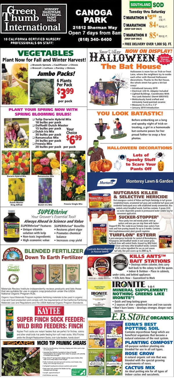 A flyer showcasing a diverse selection of plants and flowers available at a Southern California garden center.