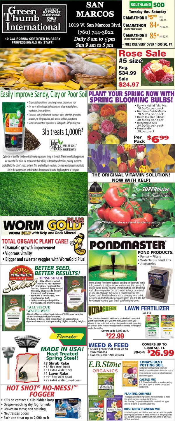A flyer advertising a variety of products at a Southern California garden center.